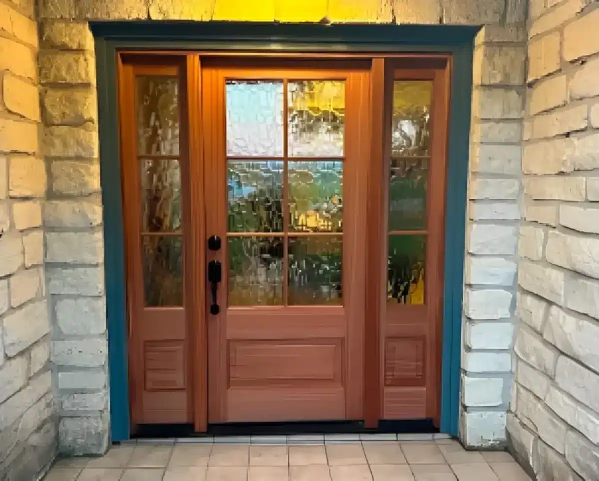 Wooden front door with decorative glass panels.