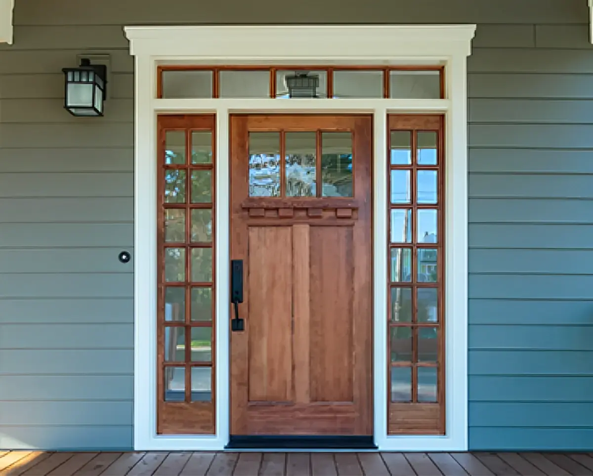 Wooden door with glass panels.