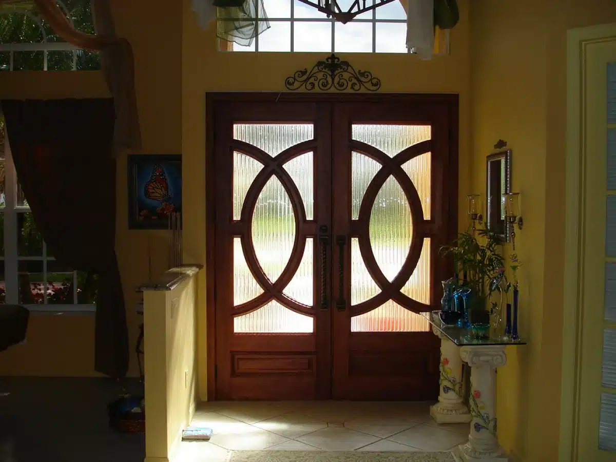 Elegant wooden front door entrance.