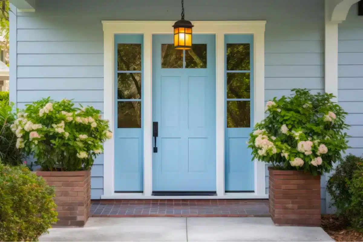 Light blue front door with side windows and plants.