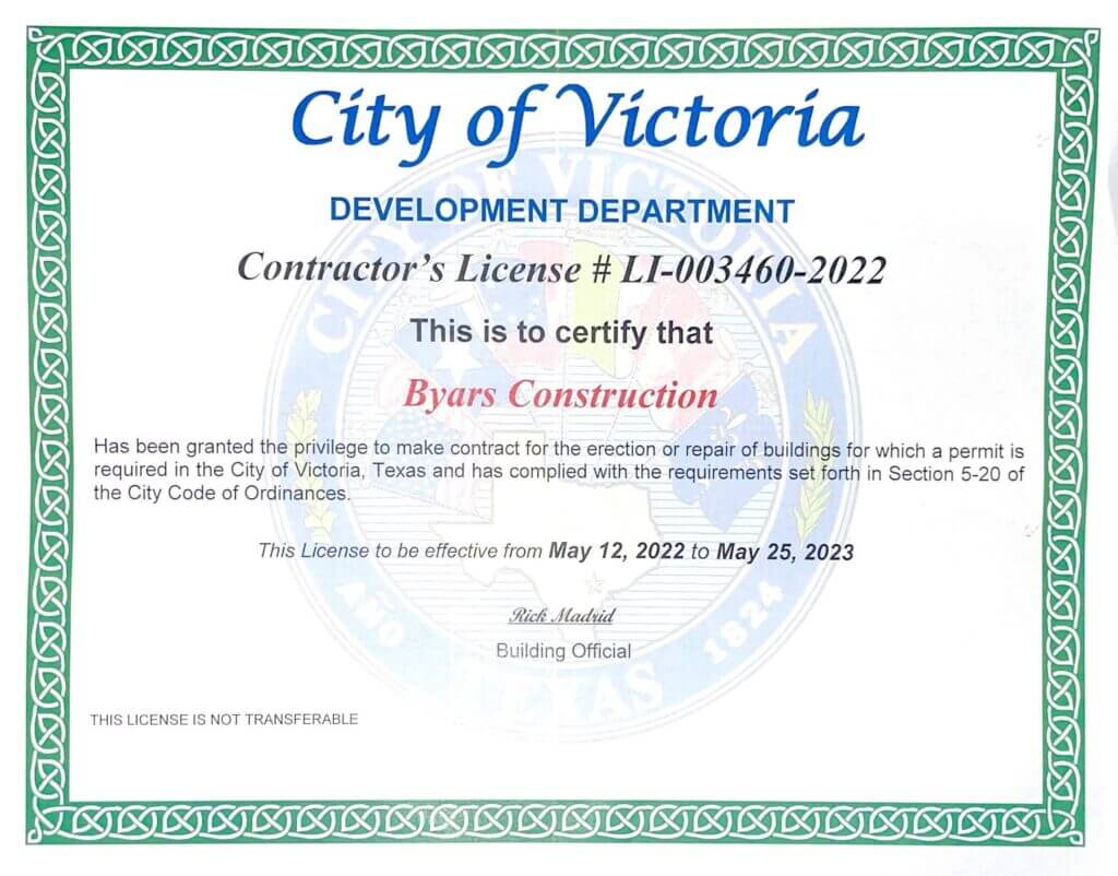 City of Victoria contractor’s license for Byars Construction.